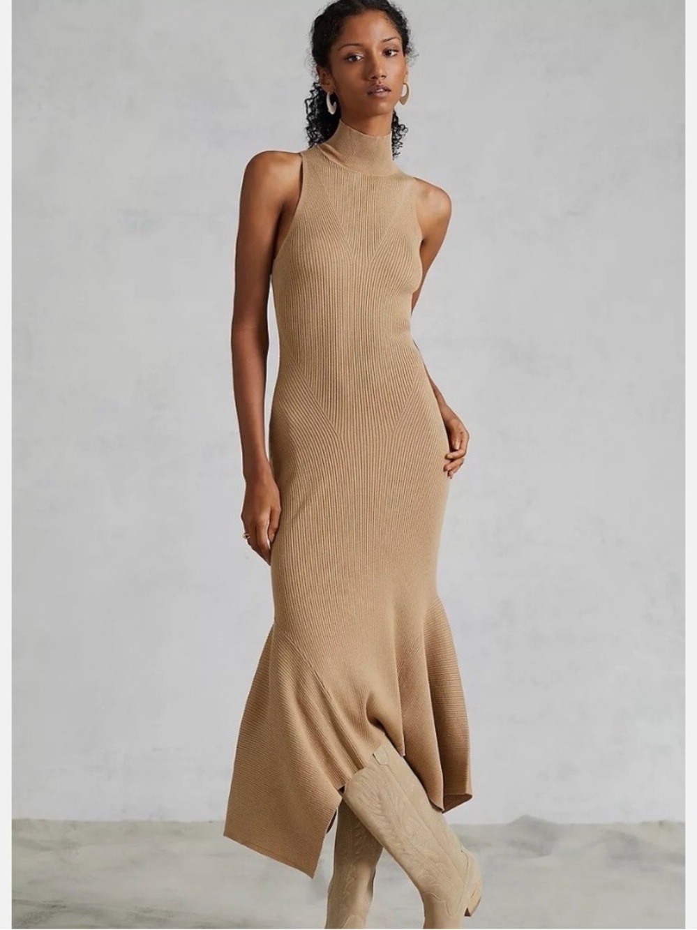 Anthropologie Sleeveless High-Neck Ribbed Knit Dress in Camel